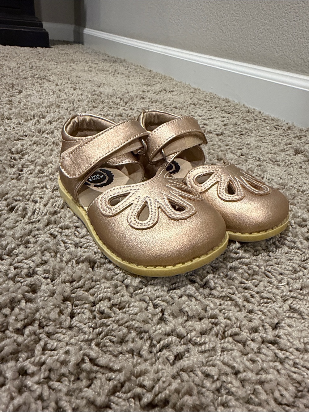 Livie & Luca Metallic Rose Gold Mary Janes with Yellow Soles